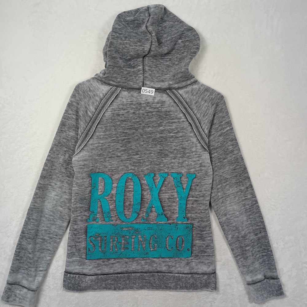 Roxy Hoodie Women Medium Grey Burnout Graphic Pullover Cowl‎  Y2K Surfing Beach